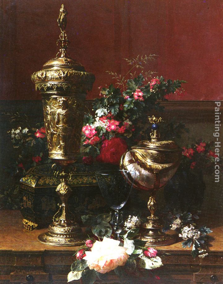 A Still Life With A German Cup, A Nautilus Cup, A Goblet An Cut Flowers On A Table painting - Jean-Baptiste Robie A Still Life With A German Cup, A Nautilus Cup, A Goblet An Cut Flowers On A Table art painting